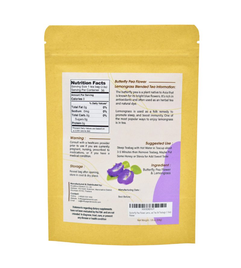 Butterfly Pea Flower Lemongrass Blended Tea 36Teabags (1.9oz