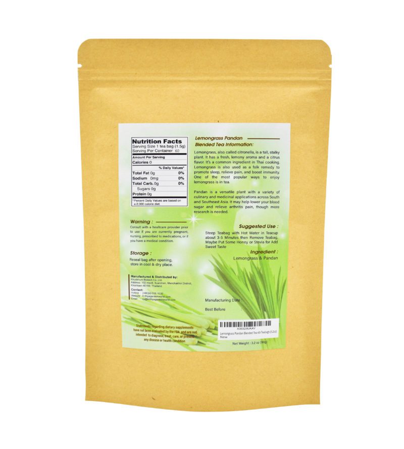 Lemongrass Pandan Blended Tea 60Teabags (3.2oz) Krittiya Garden World